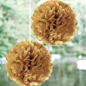 2 GOLD METALLIC POM-POM Party Wedding Shower Decorations 10” ea w Hanging Loops